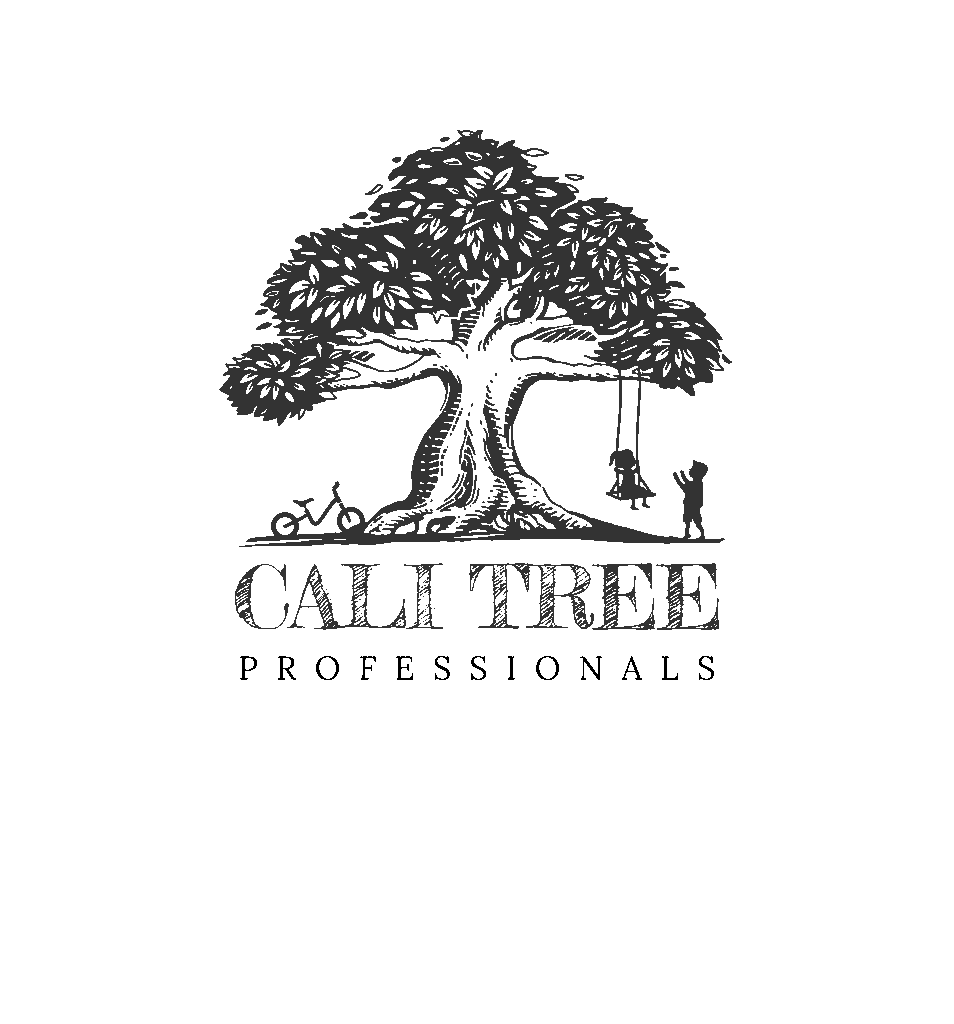 A large tree with a swing tied underneath the left side with a girl swinging and boy next her. Cali Tree written underneath in large letters and professionals written underneath in smaller letters
